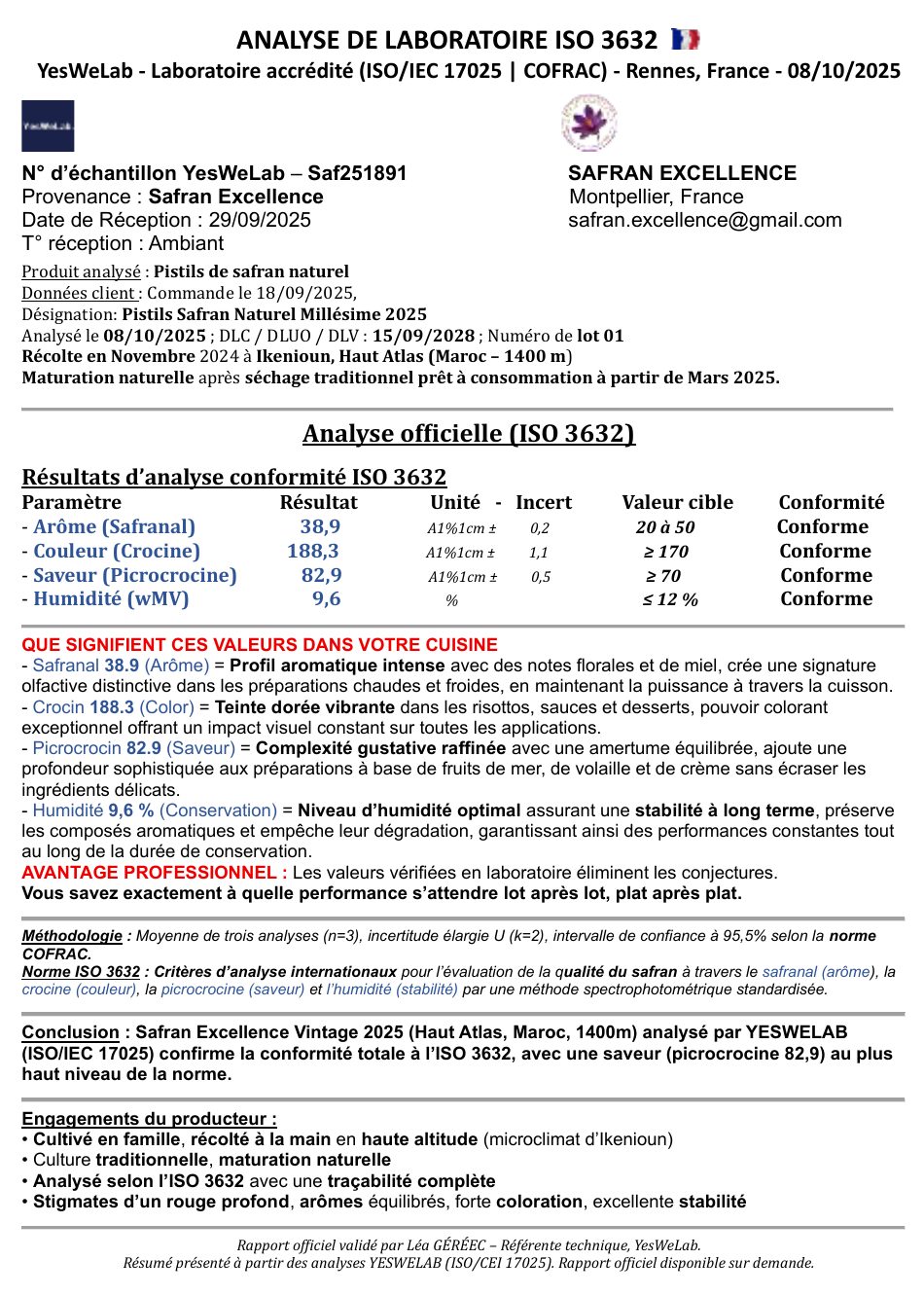 Analyse de laboratoire ISO 3632 par YesWeLab, version française